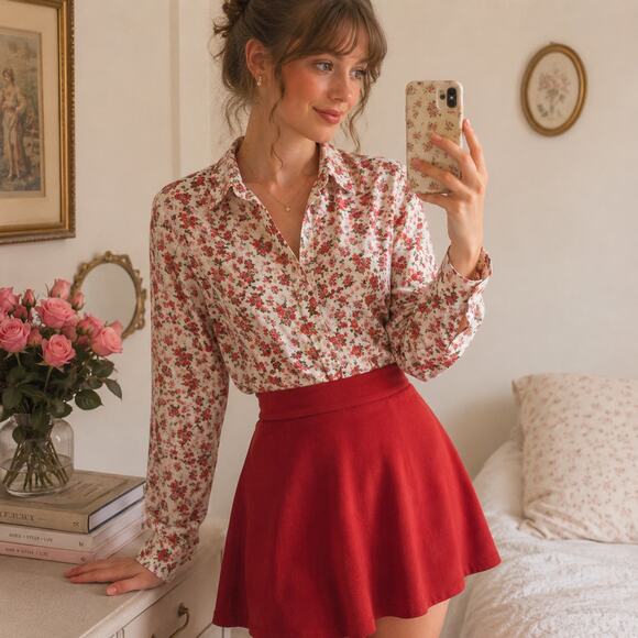 Unbranded Tops - Size Small Red Pink Mini Floral Soft Button Up Blouse Feminine Romantic Top